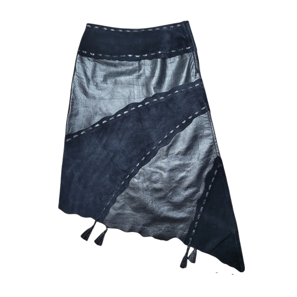 Vintage Y2K Danier black leather and suede asymmetrical midi skirt size 2 - Picture 2 of 15